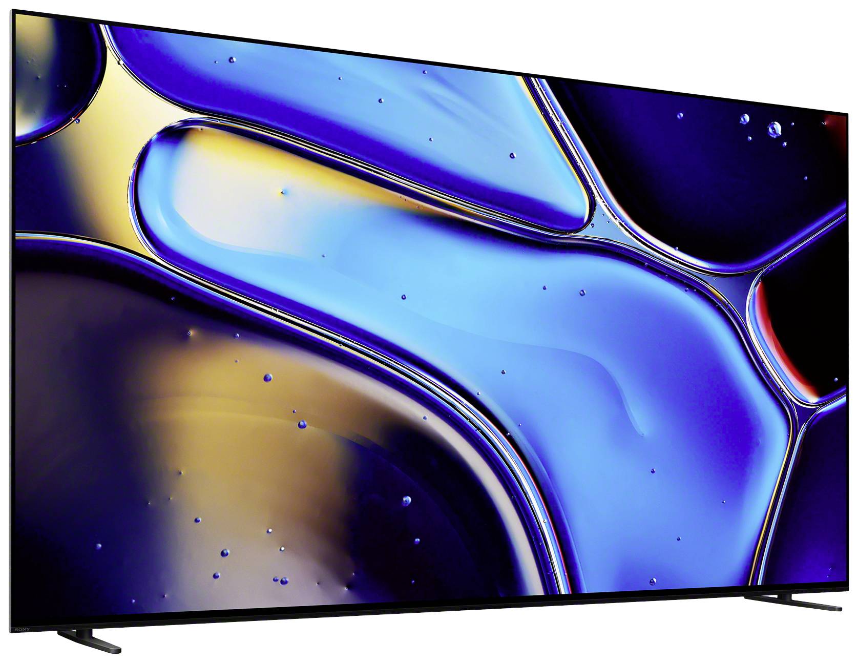 Ein Fernseher mit großem Bildschirm, der ein abstraktes Bild in Blau- und Gelbtönen zeigt, das flüssige Formen ähnlich Wellen darstellt.