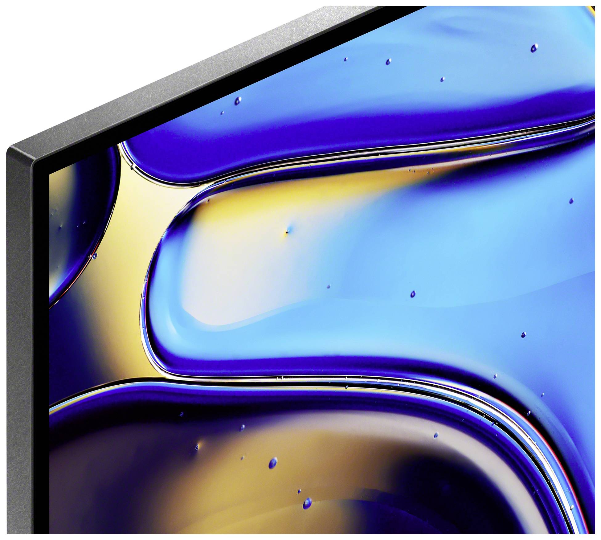 Teil eines modernen Monitors mit einem abstrakten blauen, gelben und schwarzen Hintergrund auf dem Bildschirm.