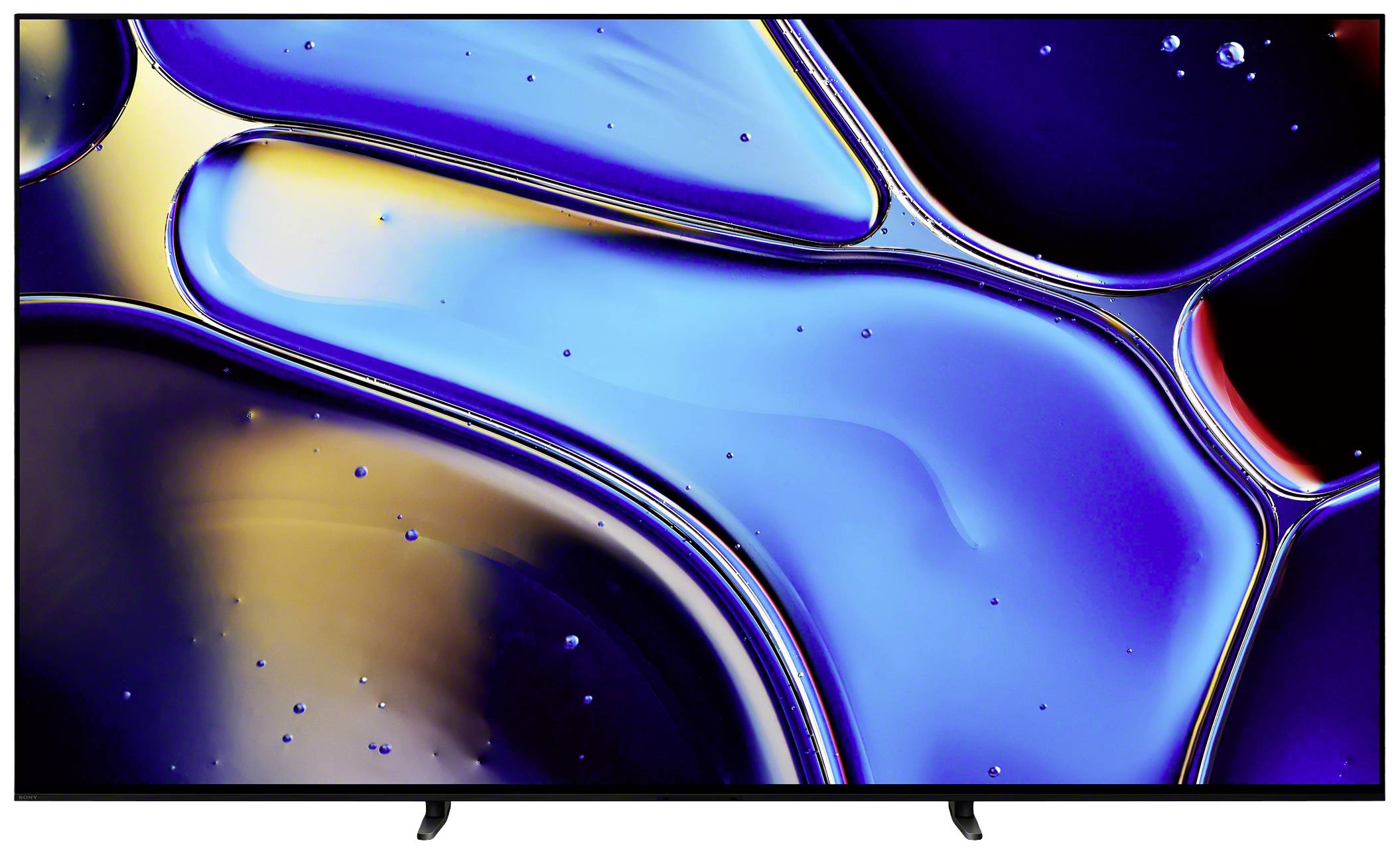 Ein Fernseher mit einem abstrakten Bild auf dem Bildschirm, das aus leuchtenden blauen und gelben Formen besteht.