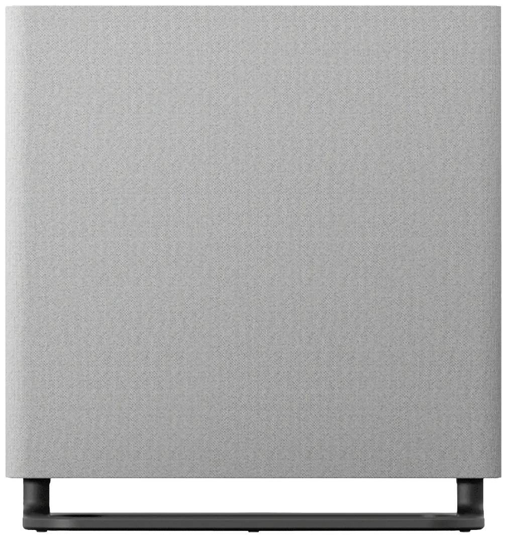 Ein grauer, quadratischer Lautsprecher auf einem schwarzen Ständer.