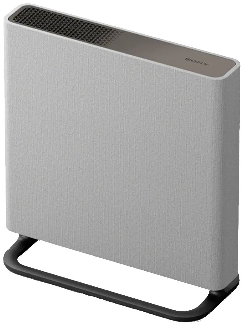 Ein moderner, weißer Luftreiniger mit rechteckigem Design und schwarzem Standfuß, geeignet für Innenräume.