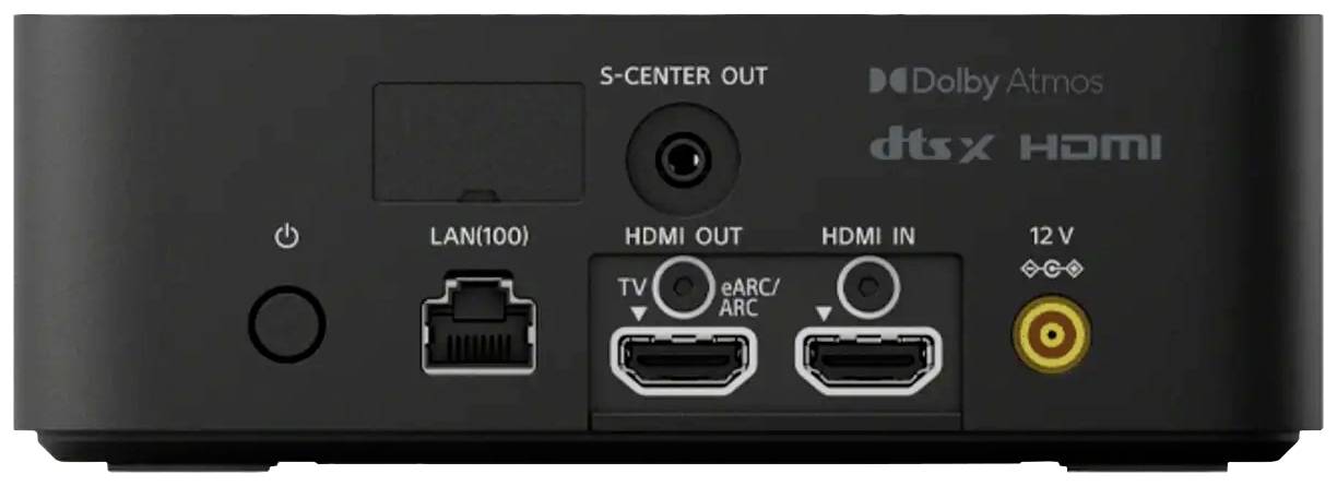 Rückseite eines Audiogeräts mit Anschlüssen: LAN, HDMI-Ausgang, HDMI-Eingang, S-Center-Ausgang und Stromanschluss. Dolby Atmos-Unterstützung.