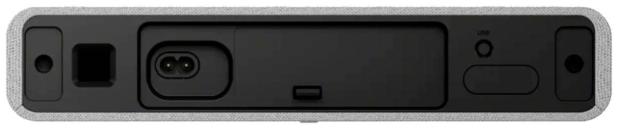 Rückseite einer rechteckigen elektronischen Soundbar mit Anschluss-, Strom- und Steuerungselementen.