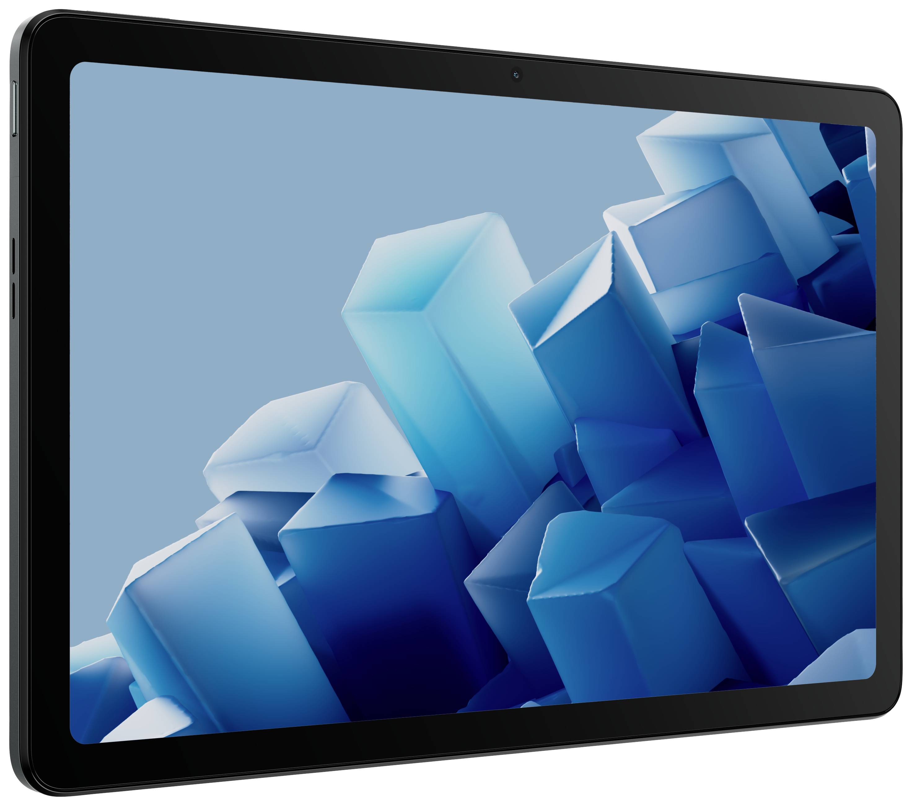 Ein Tablet mit einem Display, das abstrakte, blaue geometrische Formen zeigt.