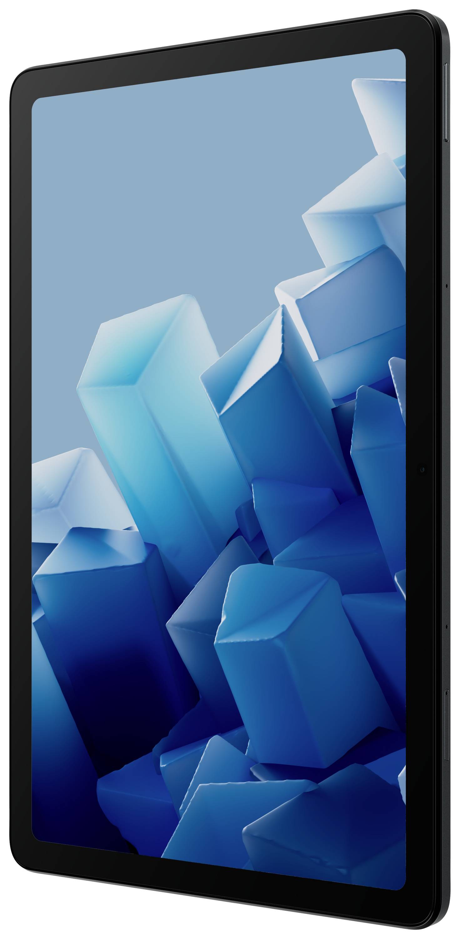 Ein Tablet mit einem Display, das abstrakte blaue geometrische Formen zeigt.