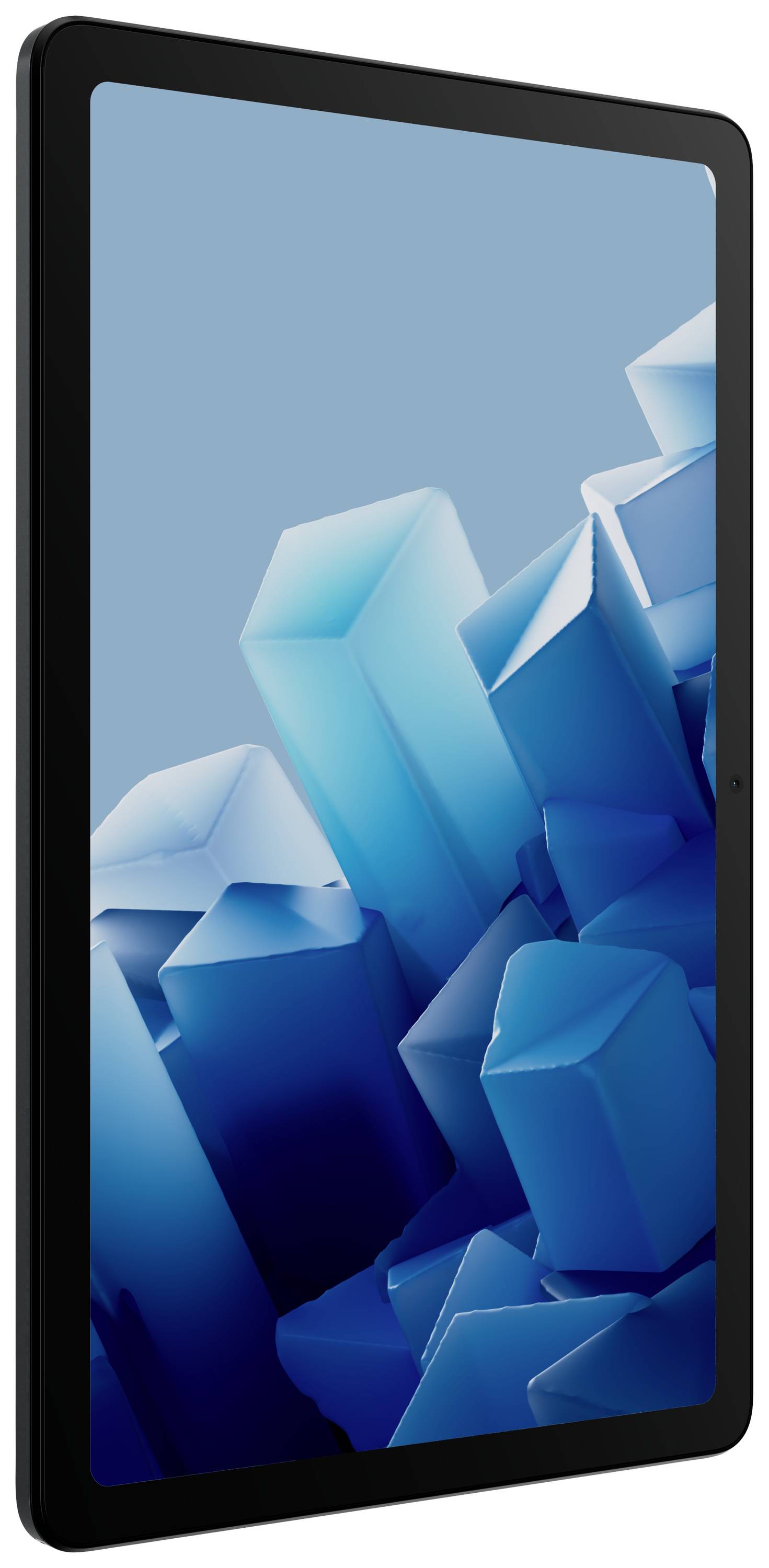 Ein schwarzes Tablet mit einem Bildschirm, der abstrakte blaue Formen auf hellem Hintergrund zeigt.