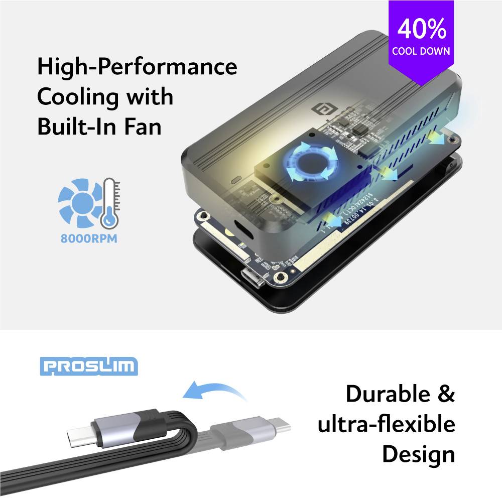 Fortschrittliche Kühlung mit eingebautem Lüfter, 8000 U/min, 40 % Kühlung. Robuste und flexible Kabelausführung.