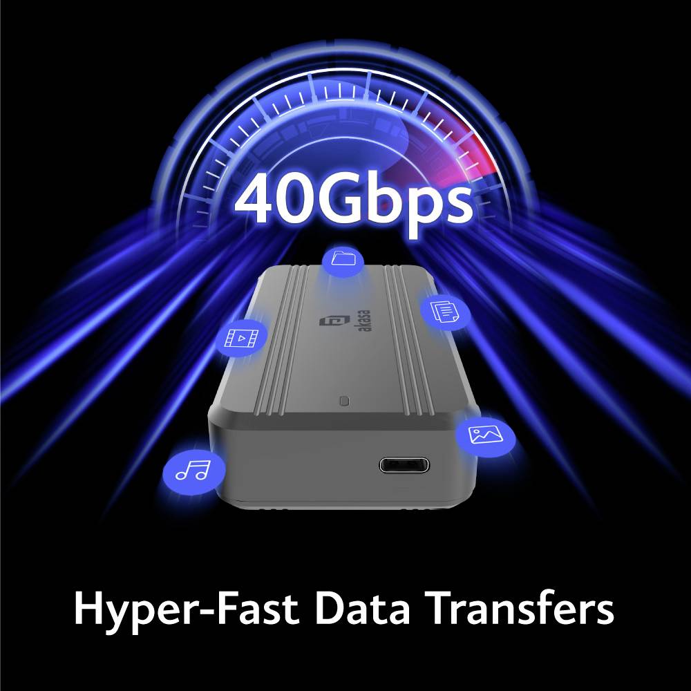 Kompakte schwarze Datenübertragungsbox mit USB-C-Anschluss und blauen Geschwindigkeitssymbolen, '40Gbps' hervorgehoben.