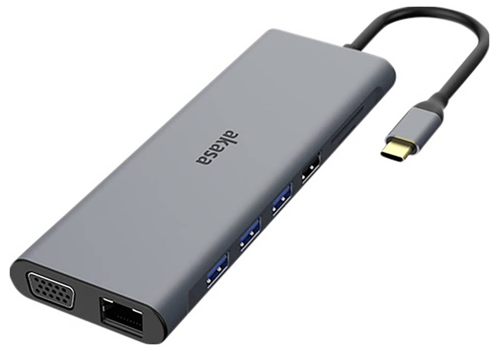 Ein grauer USB-C-Hub mit mehreren Anschlüssen: VGA, Ethernet und drei USB-Anschlüsse.
