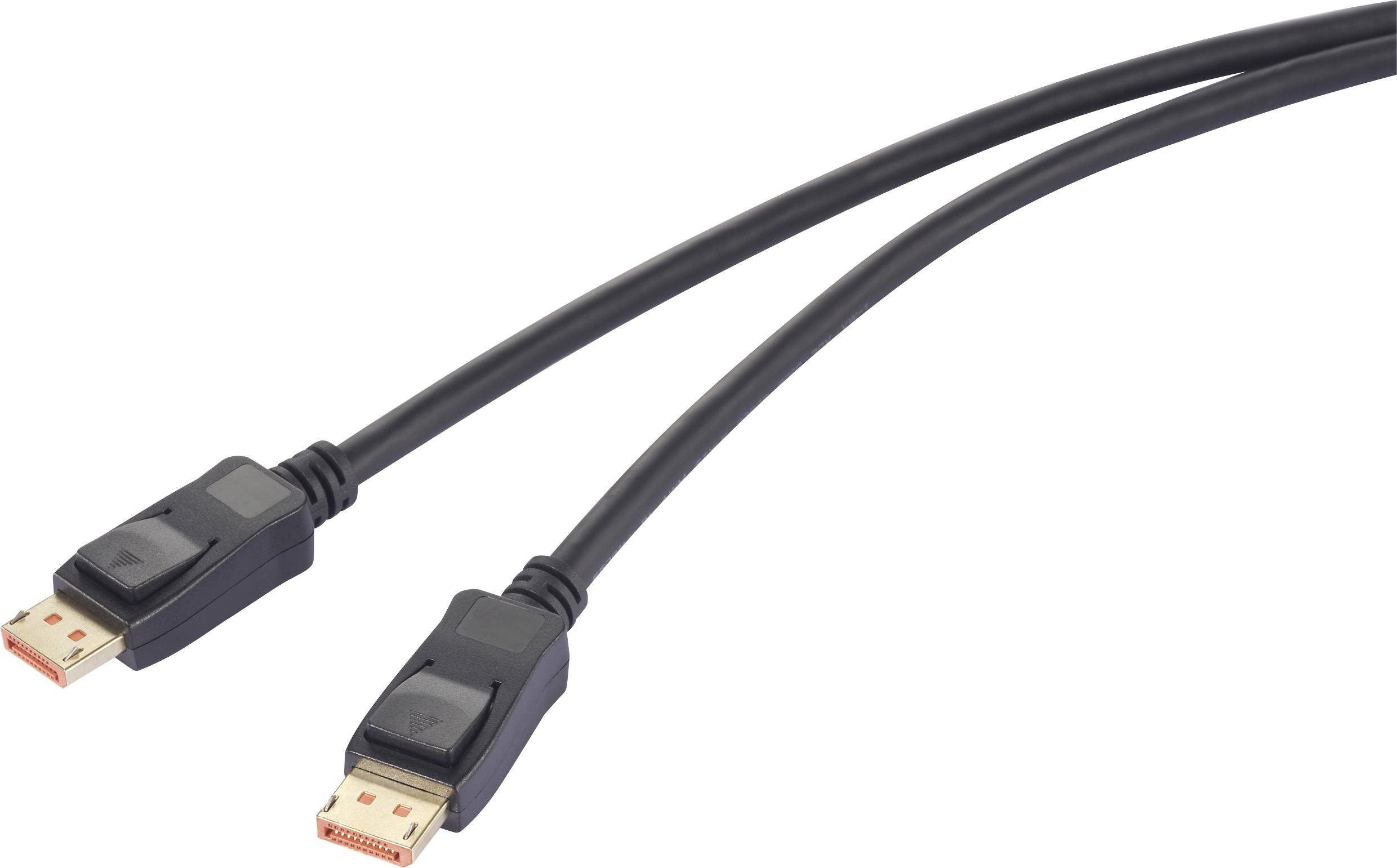 Zwei schwarze DisplayPort-Kabel mit Steckern an beiden Enden, auf weißem Hintergrund.