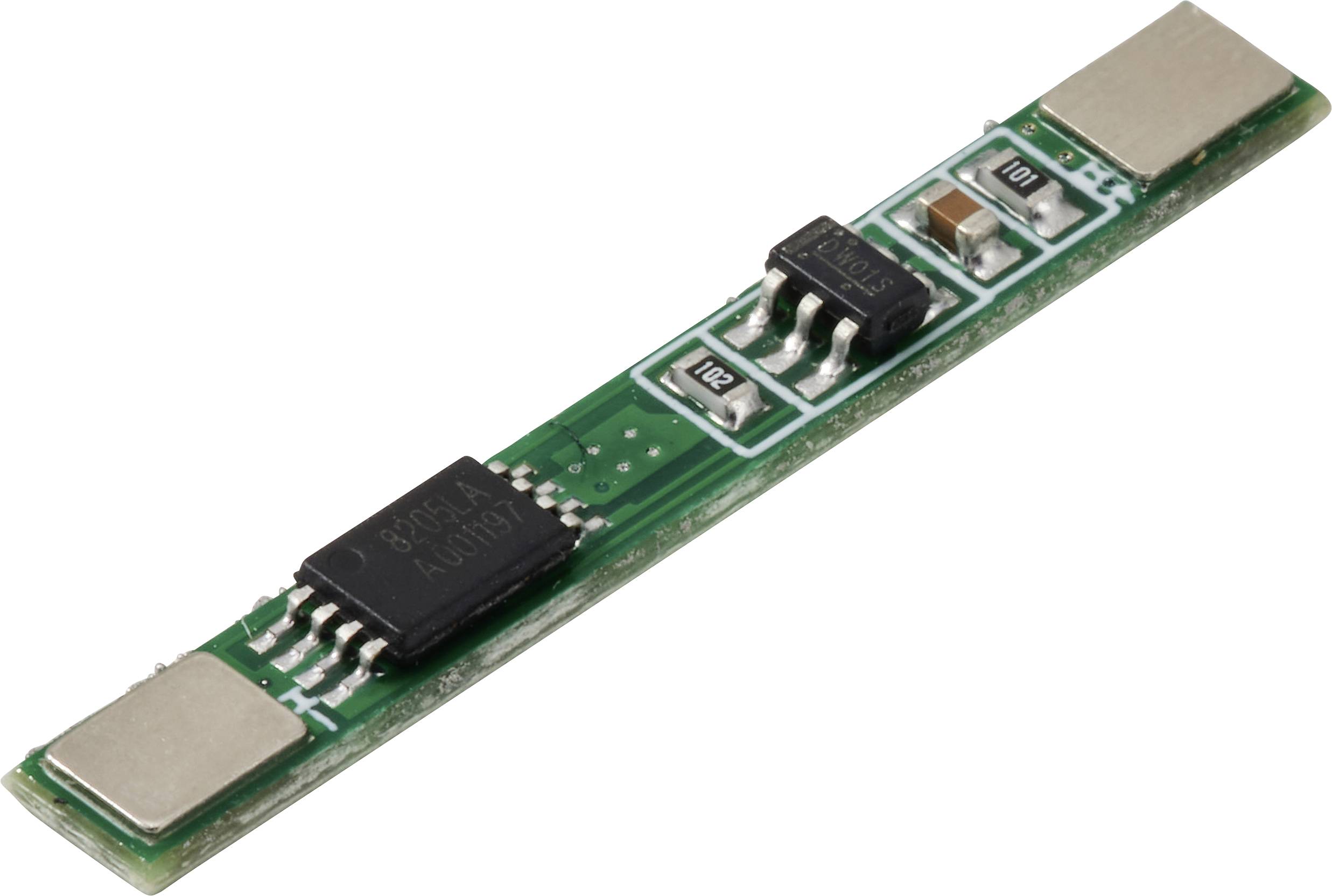 Ein schmaler, länglicher grüner Schaltkreis mit sichtbaren Chips und Komponenten auf einer Platine, typisch für elektronische Geräte.