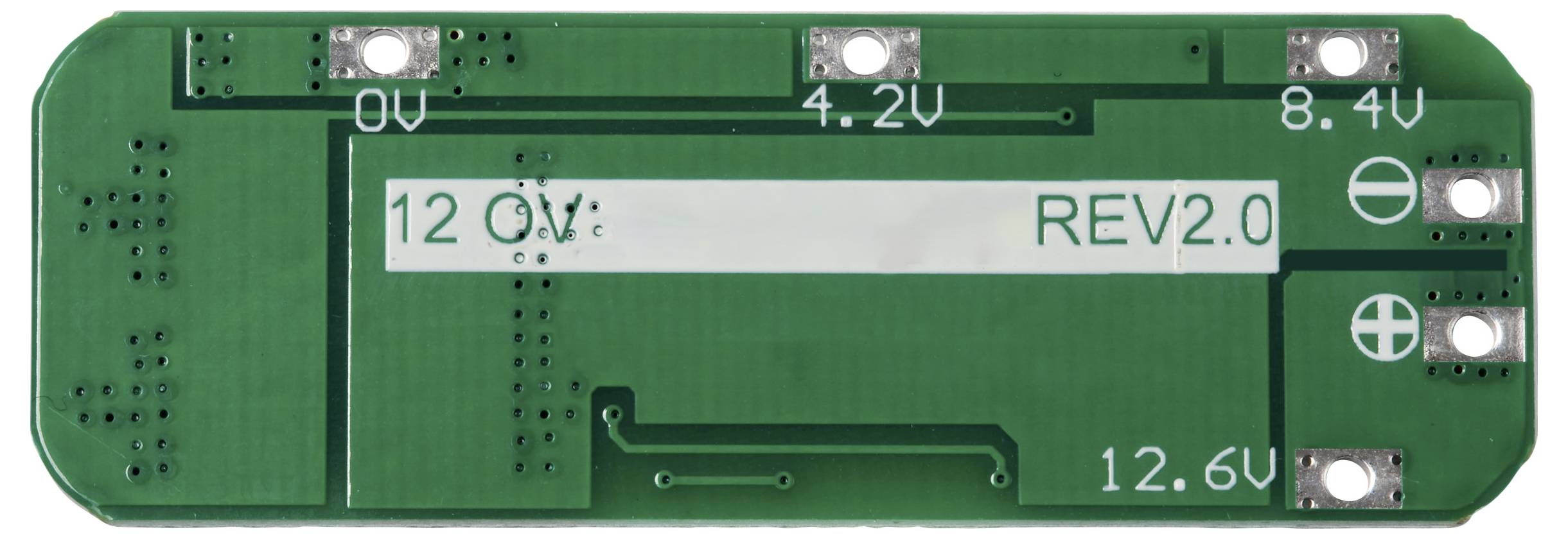 Leiterplatte mit Aufschriften '12.6V', '8.4V', '4.2V', '0V' und 'REV2.0'. Enthält positive und negative Anschlusspunkte.