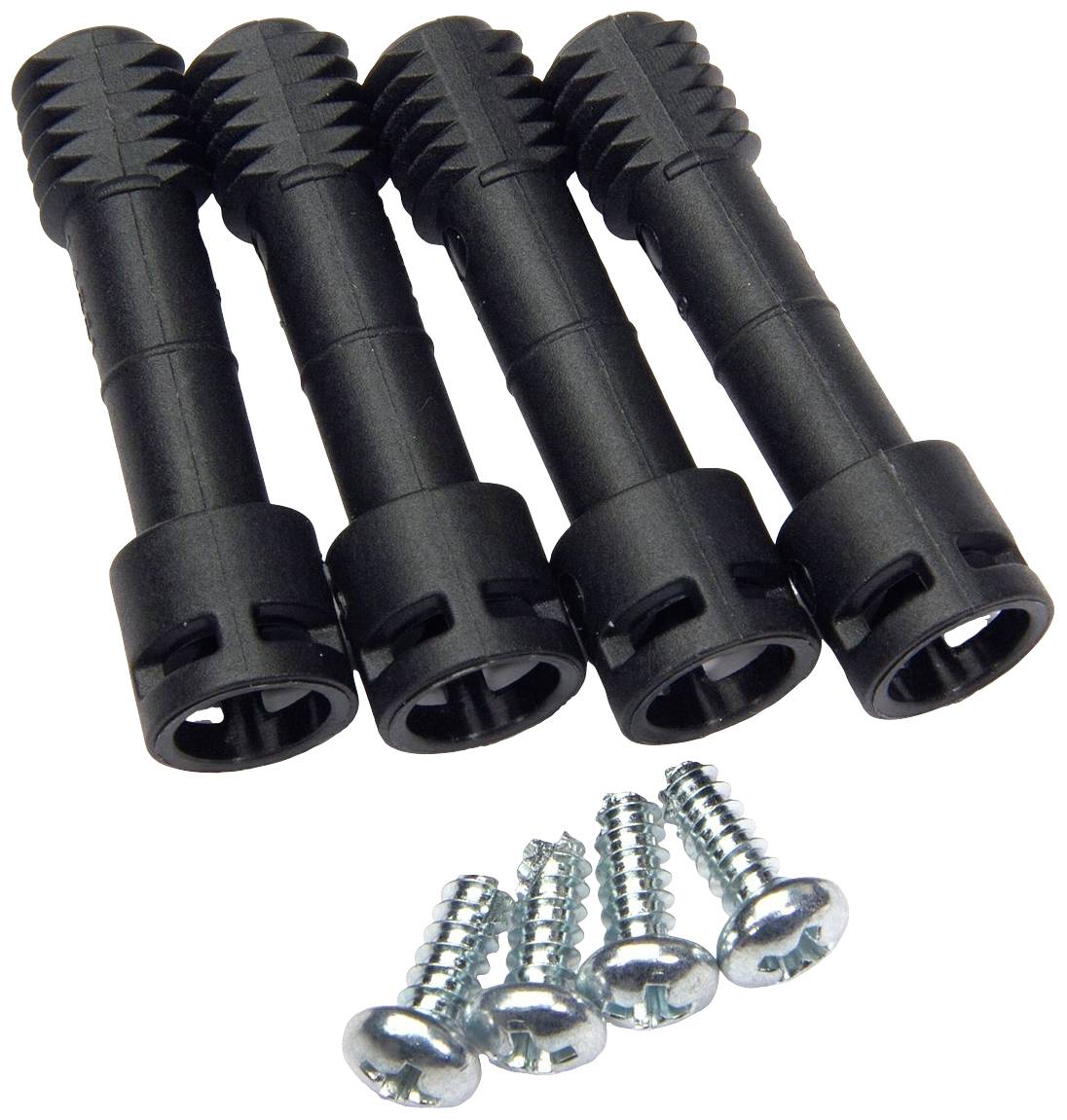 Vier schwarze Kunststoffdübel mit je zwei Metallringen und vier silbernen Schrauben. Dienen zur stabilen Befestigung in Wänden.