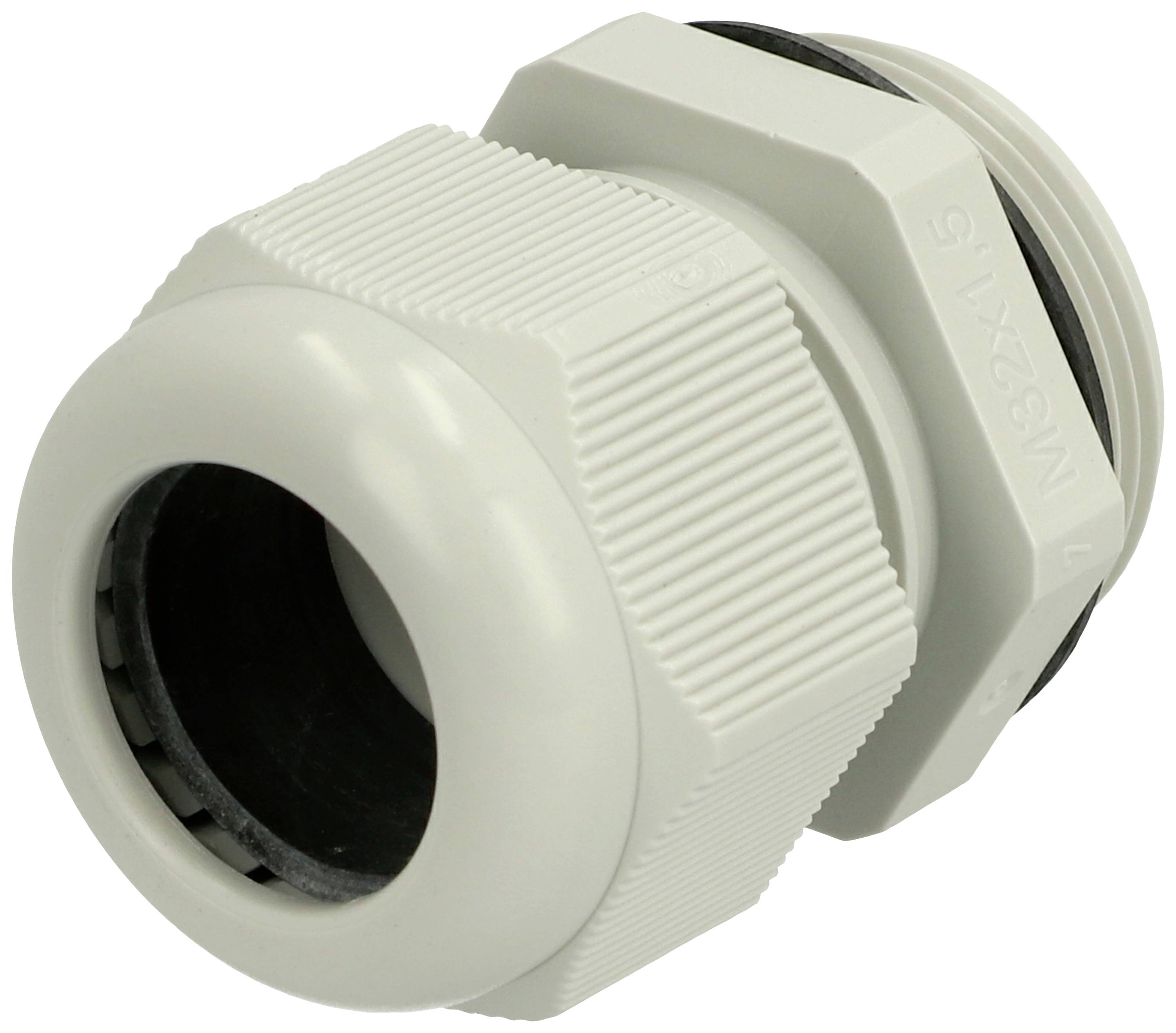 Kabelverschraubung aus grauem Kunststoff mit Gewinde und Dichtung.