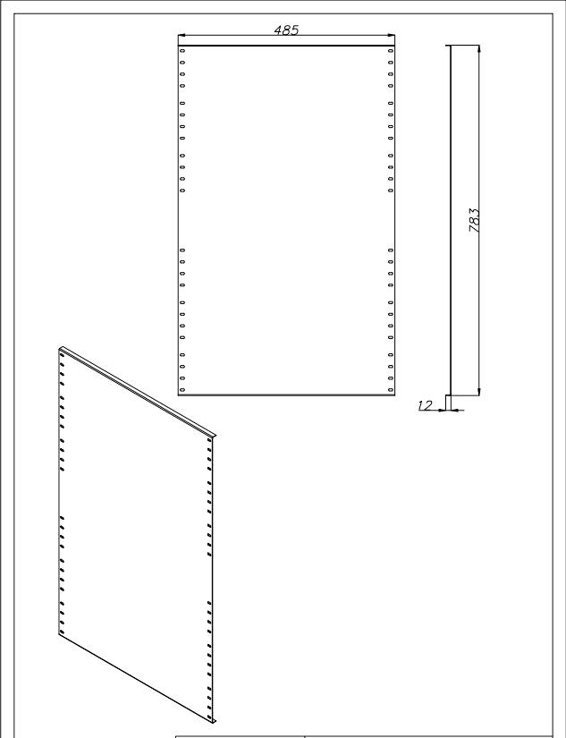 Technische Zeichnung eines rechteckigen Bauteils mit Maßen: Breite 485 mm, Höhe 783 mm, Dicke 12 mm. Maßstab und Details sind markiert.
