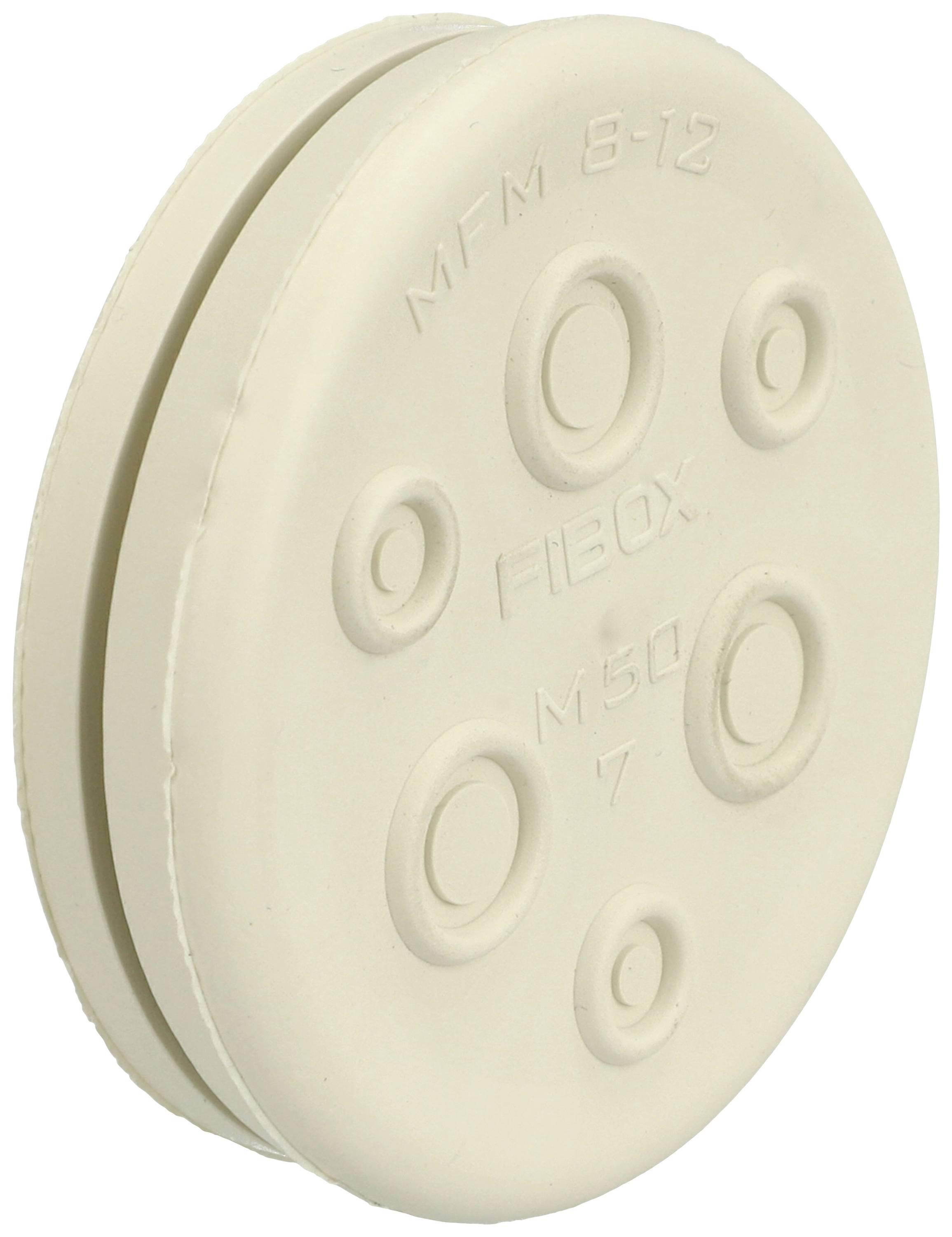 Runder, cremefarbener Kunststoffdeckel mit mehreren erhobenen Kreisen und der Aufschrift 'MFM 8-12, Fibox, M50'.