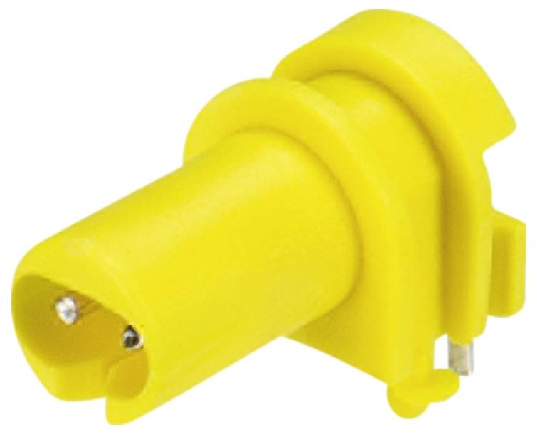 Gelber Sensorstecker aus Kunststoff, unlaboriert, mit drei sichtbaren Pins und seitlicher Halterung. Geeignet für technische Anwendungen.