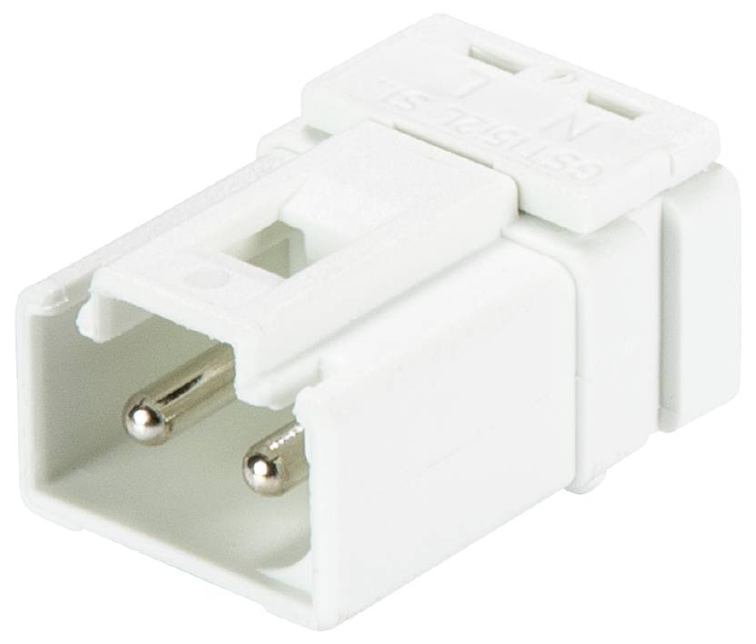 Ein weißer elektrischer Steckverbinder mit zwei Metallstiften, geeignet für den Einsatz in elektrischen Anschlussanwendungen.