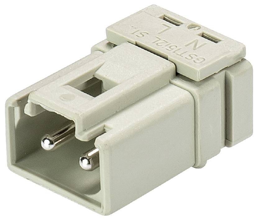 Ein grauer Steckverbinder mit zwei Metallstiften. Oberseite mit Markierungen 'L' und 'N' für elektrische Anschlüsse.