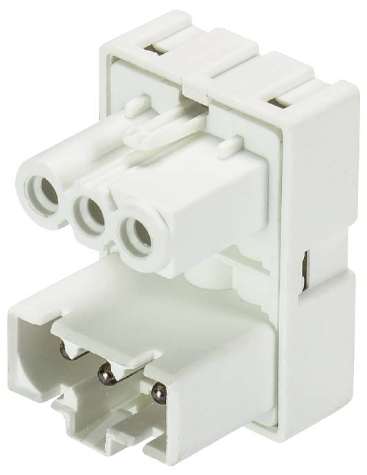 Ein weißer elektrischer Stecker mit drei Steckplätzen, geeignet für den Anschluss von Kabeln, zeigt die Vorder- und Rückansicht.