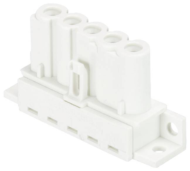 Weißer elektrischer Stecker mit vier Anschlüssen, platziert auf einer Montageplatte. Geeignet für modulare Verbindungen.