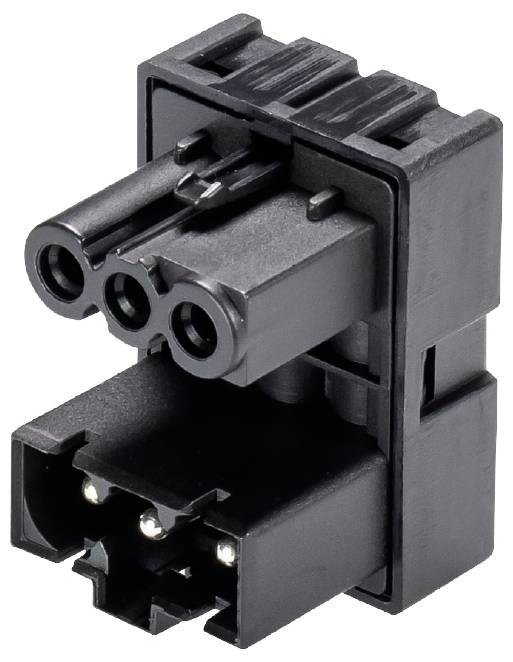 Schwarzer, rechteckiger elektrischer Stecker, oben mit drei Löchern, unten mit drei metallischen Kontakten.