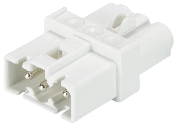 Weißer Kunststoffstecker mit zwei Metallsteckern, geeignet für Elektroinstallationen.