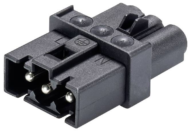 Schwarzer elektrischer Stecker mit drei runden Metallkontakten, geeignet für Hochstromanwendungen in Geräten oder Maschinen.