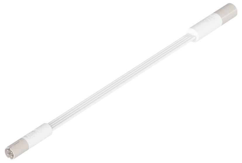 Ein langer, weißer Leuchtstoffröhrenadapter mit braunen Endkappen liegt diagonal.