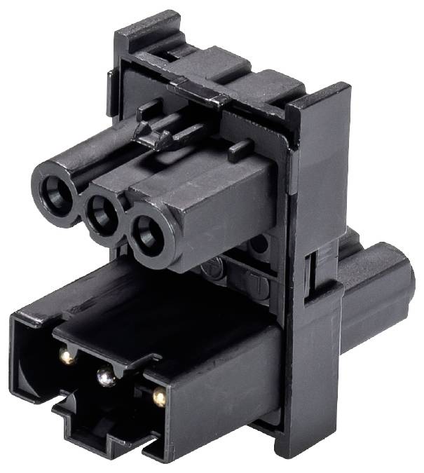 Ein schwarzer dreipoliger Stecker mit zwei rechteckigen und einem runden Anschluss.
