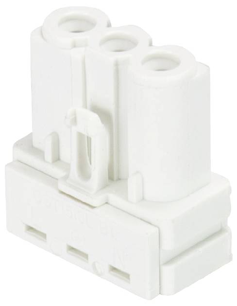 Ein weißer, dreipoliger elektrischer Stecker aus Kunststoff, möglicherweise für Haushaltsgeräte oder Beleuchtung verwendet.