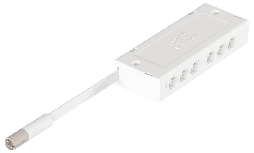 Ein weißer Kabelknotenpunkt mit mehreren Eingängen, dient zum Verbinden elektrischer Kabel. Zeigt ein einfaches, funktionales Design.