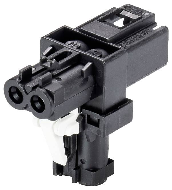 Ein schwarzer, rechteckiger elektrischer Stecker mit zwei Anschlussbuchsen und einem weißen Hebel auf einer weißen Hintergrund.