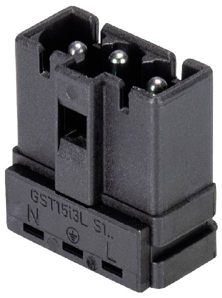 Ein schwarzer elektrischer Steckverbinder mit drei Kontakten und der Aufschrift 'GST15i3L'.