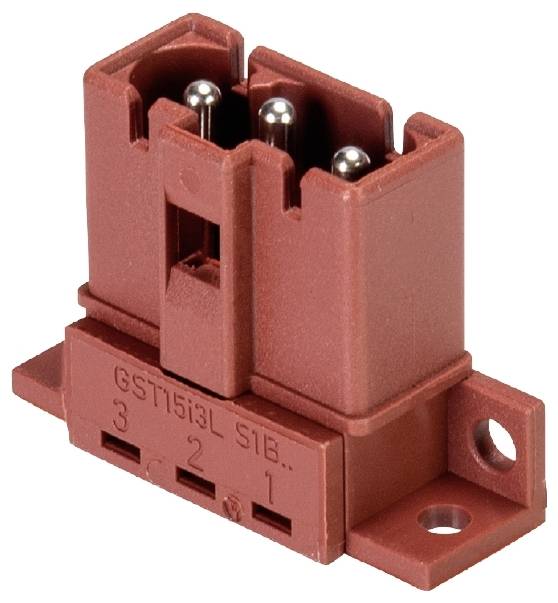 Ein roter Elektroschaltstecker mit drei Polen und beschrifteten Nummern 1 bis 3, geeignet für elektronische Verbindungen.