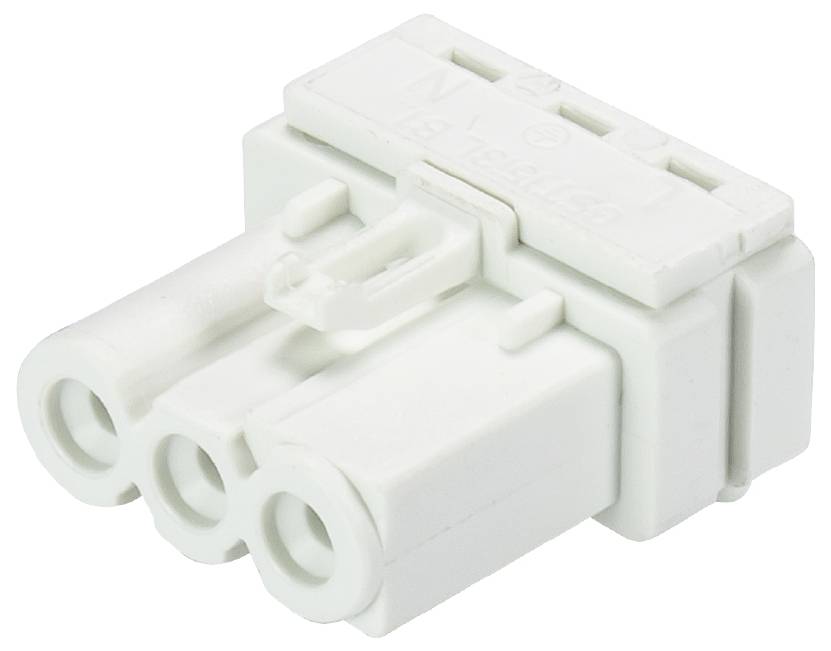Ein weißer, dreipoliger elektrischer Steckverbinder aus Kunststoff, ähnlich einem Molex-Stecker, mit seitlichem Clip zum Einrasten.