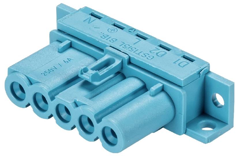 Blauer, viereckiger Kunststoffstecker mit vier Löchern und Aufschrift '250V/16A'.