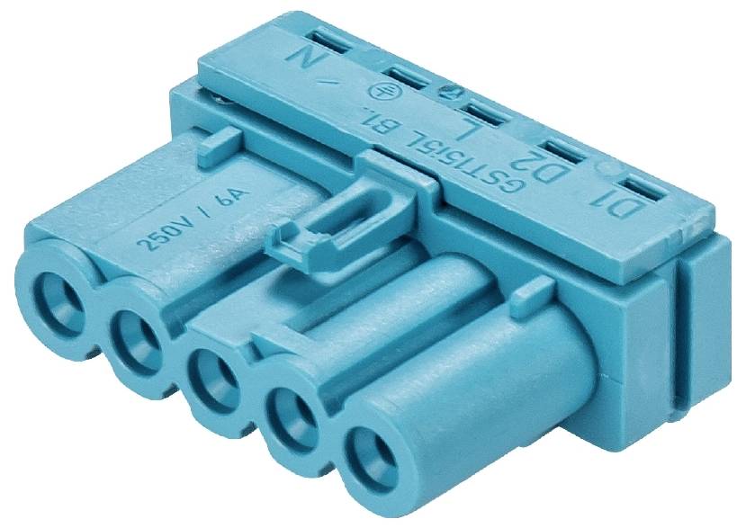 Blauer elektrischer Steckverbinder mit vier Anschlüssen, beschriftet mit Spannung '250V', Stromstärke '4A' und Buchstaben 'N', 'L'.