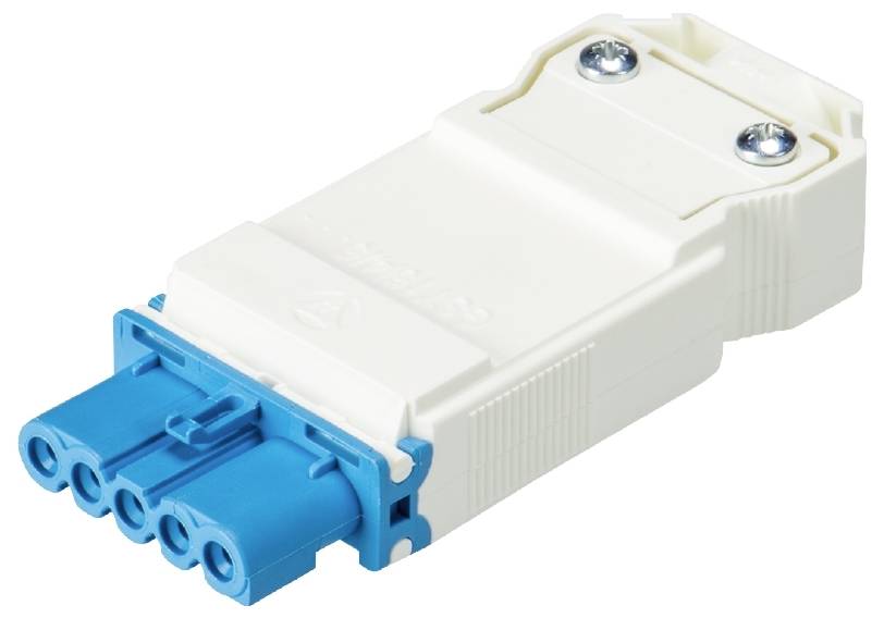 Ein weiß-blaues elektrisches Steckverbindungsmodul mit vier Steckplätzen und zwei Schrauben an der Oberseite zum Befestigen.