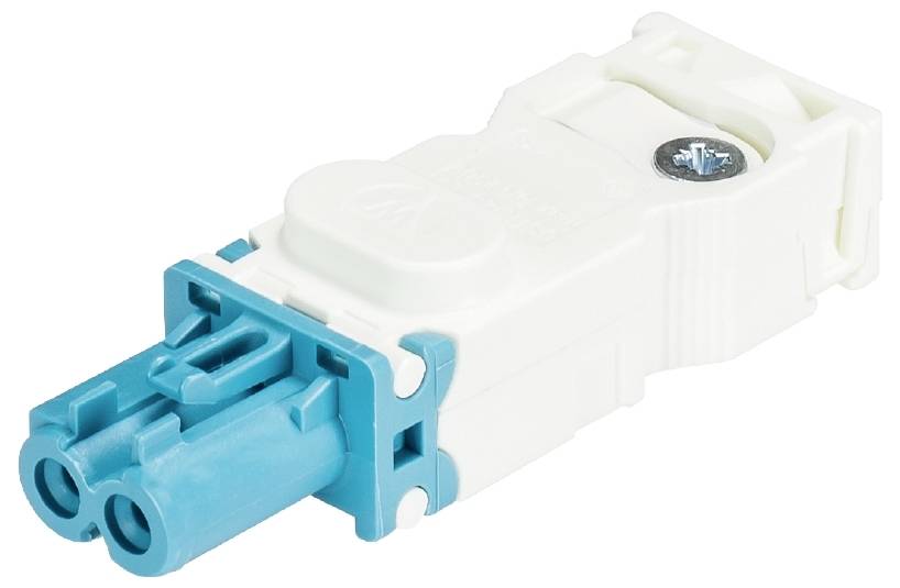 Ein weiß-blaues elektrisches Steckverbindermodul mit zwei Steckplätzen und einer sichtbaren Schraube.