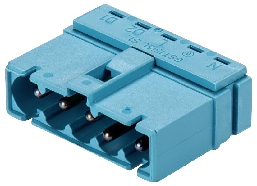 Ein blauer Steckverbinder mit mehreren Pins, gekennzeichnet mit 'N', 'L', 'S1', 'S2', 'D1', 'D2'. Verwendet für elektrische Verbindungen.