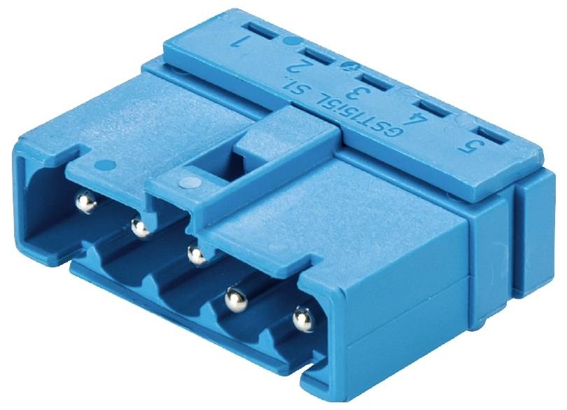Ein blauer elektrischer Steckverbinder mit vier Metallstiften, genutzt für den Anschluss elektronischer Geräte.