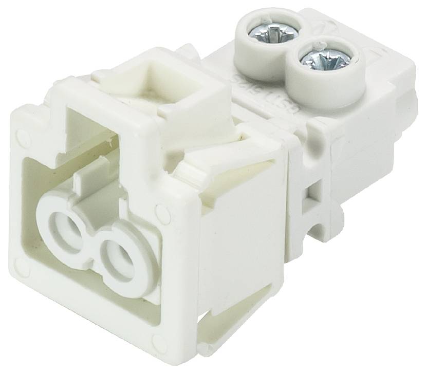 Ein weißer elektrischer Steckverbinder mit zwei Schraubklemmen, geeignet für den Anschluss von Drähten in elektrischen Installationen.