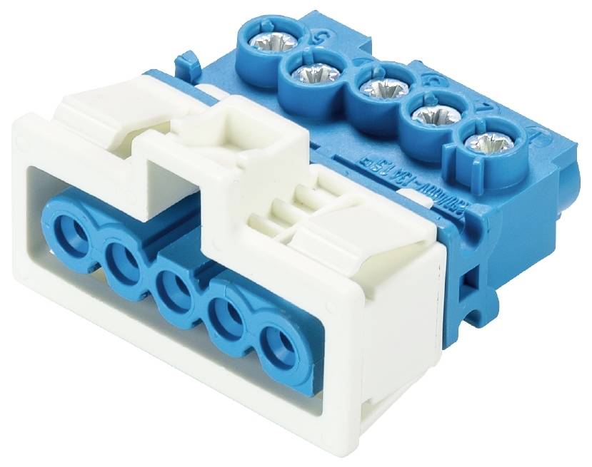Blauer und weißer elektrischer Steckverbinder mit fünf Einsteckplätzen, verwendet zur sicheren Verbindung von Kabeln in elektrischen Schaltungen.