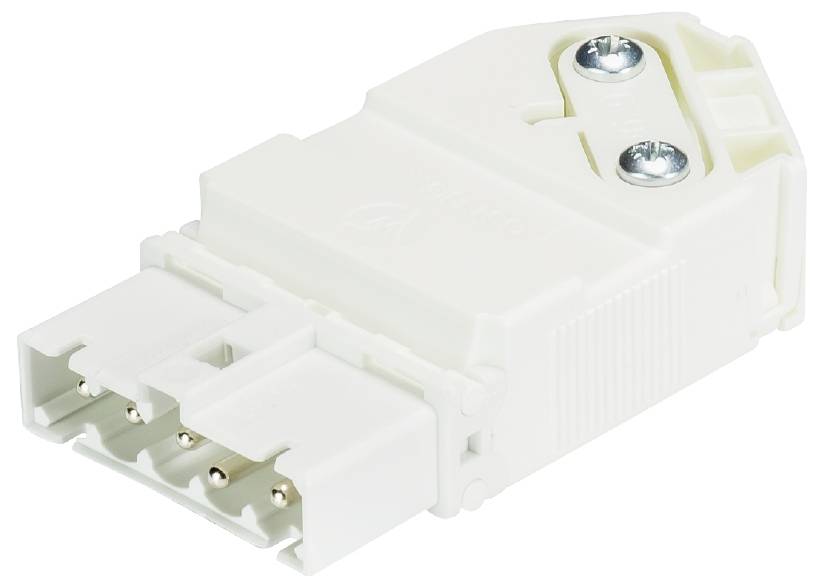 Weiße elektrische Steckverbindung mit mehreren Pins und Befestigungsschrauben, dient der Verbindung elektrischer Geräte.