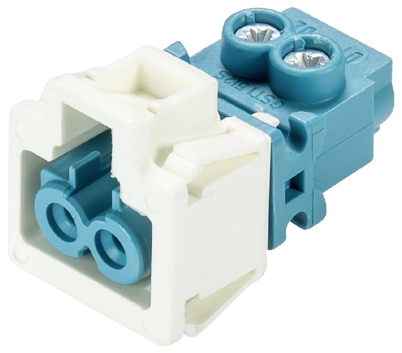 Ein blau-weißer elektrischer Steckverbinder mit Doppelanschlussöffnungen, geeignet für Kabelverbindungen in technischen Anwendungen.
