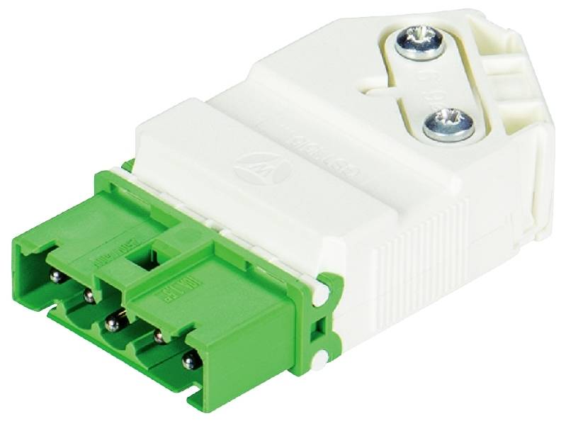 Ein weißer und grüner elektrischer Steckverbinder mit zwei Schrauben zur Befestigung, geeignet für den Einsatz in industriellen Umgebungen.