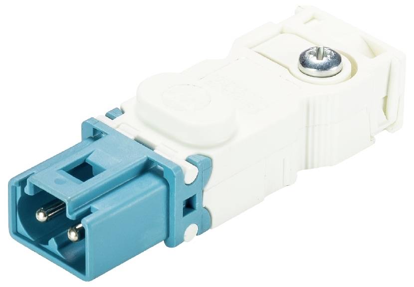 Ein weißer elektrischer Steckeradapter mit blauer Steckverbindung, seitlich gezeigt. Er verfügt über eine Schraube zur Befestigung.