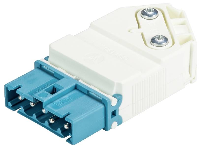 Ein weiß-blauer elektrischer Steckverbinder mit Schraubverschluss, geeignet für technische Anwendungen und Kabelverbindungen.