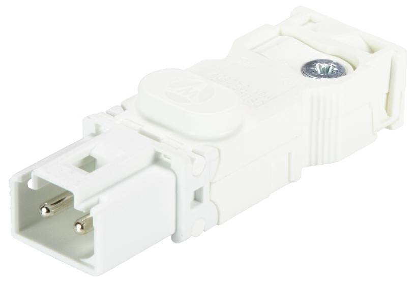 Weißer Steckverbinder mit zwei Metallstiften, geeignet für den Anschluss elektrischer Geräte in elektronischen Anwendungen.